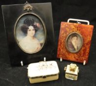 Two modern framed and glazed miniature portrait prints in the 19th Century manner and two simulated