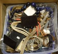 A box containing assorted costume jewellery to include beaded necklaces, bangles, rings,