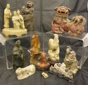 A collection of various Chinese soapstone wares including dog of Fo with removable head,