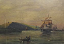 WHITE "Coastal landscape with sailing vessels and steam vessel in background,