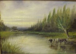 J H S "River landscape with cattle watering in foreground, a cottage in the background",