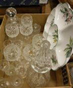 A box of various glassware to include hock glasses, decanters and other drinking glasses,