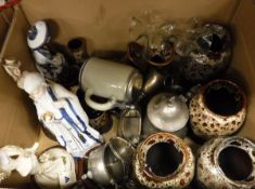 Two boxes of assorted china and metal ware, etc, to include various ornamental figures,