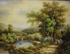 VANDERBILT "Figures on a path wlaking by river" oil on board signed lower left,