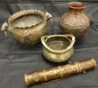 A Middle Eastern copper and brass coffee pot and a Chinese brass censer bearing faux Ming marks