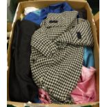 A box of assorted mid 20th Century vintage clothing to include black Empire line cocktail dress,