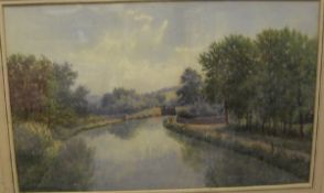 CHARLES H BRANSCOMBE "Canal scene with lock in distance", watercolour heightened with white,