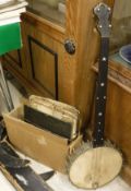 A J E Dallas 2299 fretless 4½ string banjo with mother of pearl star and dot inlay to the ebony