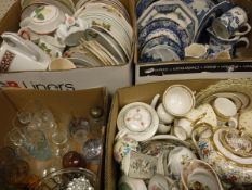 Three boxes of assorted china wares to include blue and white decorative plates, Aynsley pin dish,