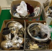 Two boxes of assorted plated and other metal wares to include breakfast tureen, asparagus servers,