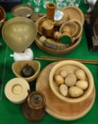 Assorted treen wares to include eggs, bowls, candlestick,