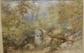 E SALTER "River Lanscape with figure on bank by bridge", watercolour,