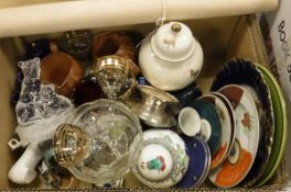 A box of various china and glassware, and an oil on canvas study of "An Oriental girl",