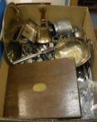 A box of assorted plated wares to include cutlery, bell, twin-handled dish, etc,
