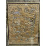 A 20th Century Chinese silk work panel in a dark gold ground with needlework silk stitching of
