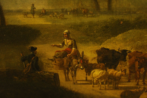 19TH CENTURY CONTINENTAL SCHOOL "Woman riding donkey with cattle, sheep and goats on a pathway, - Image 14 of 37