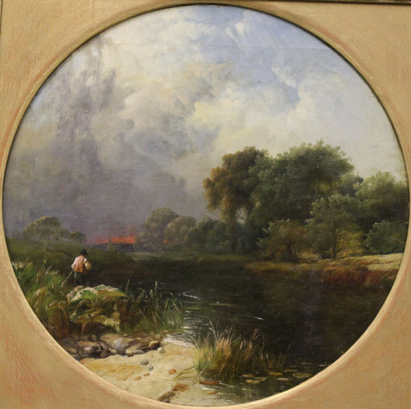 19TH CENTURY ENGLISH SCHOOL "Fisherman at a river's edge, a sailing boat in the distance,