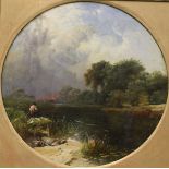 19TH CENTURY ENGLISH SCHOOL "Fisherman at a river's edge, a sailing boat in the distance,