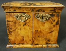 A 19th Century French faux tortoiseshell poker work decorated table top sewing cabinet,