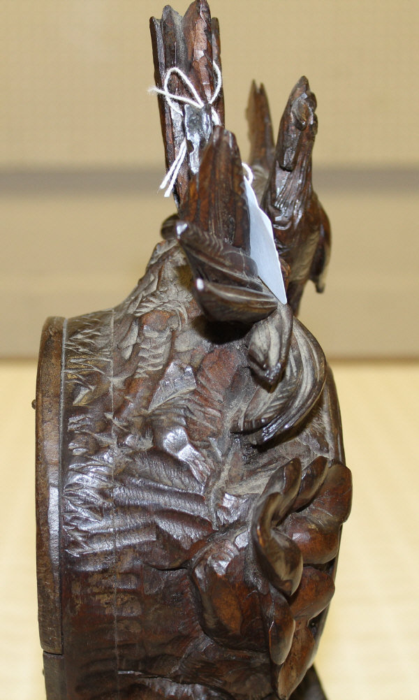 A 19th Century Black Forest type carved cased mantle clock, decorated in high relief with cockerel, - Image 9 of 15