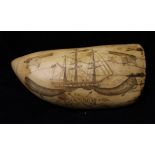WITHDRAWN A 19th Century scrimshaw carved whale's tooth depicting "The Shannon" whaling ship,