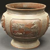 A Chinese chocolate patinated bronze jardiniere, decorated with panels of landscapes,