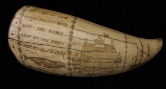 WITHDRAWN A 19th Century scrimshaw carved whale's tooth depicting the whaling ship "True Love",