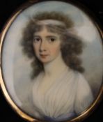 THOMAS HAZELHURST (1740-1821) "Young lady in white dress with matching hairband", oil on ivory,