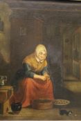 H WOUWERMAN "Old lady seated peeling potatoes in an interior,
