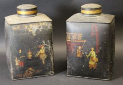A pair of 19th Century Tole ware tea canisters with chinoiserie decoration on a black ground