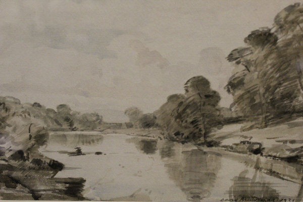 DAVID MUIRHEAD (1867-1930) "On the Lune, Westmoreland", river landscape, monochrome watercolour,