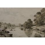 DAVID MUIRHEAD (1867-1930) "On the Lune, Westmoreland", river landscape, monochrome watercolour,