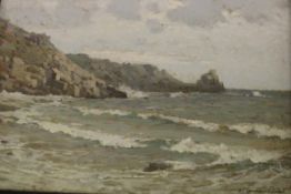 SAMUEL JOHN LAMORNA BIRCH (1869-1955) "On the coast" with the rocky outcropped headland jutting out