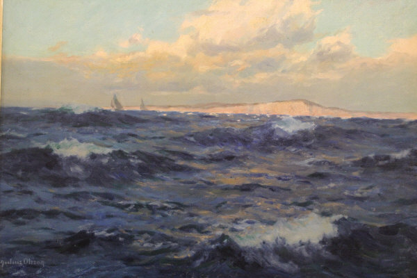 JULIUS OLSSON (1864-1942) "Beachy Head", study of sail boats off the coast, oil on canvas,