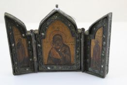 19TH CENTURY RUSSIAN Tryotich Icon inscribed in Cyrillic,