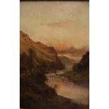 ALFRED DE BREANSKI (1852-1928) "River landscape with two fishermen on the bank,