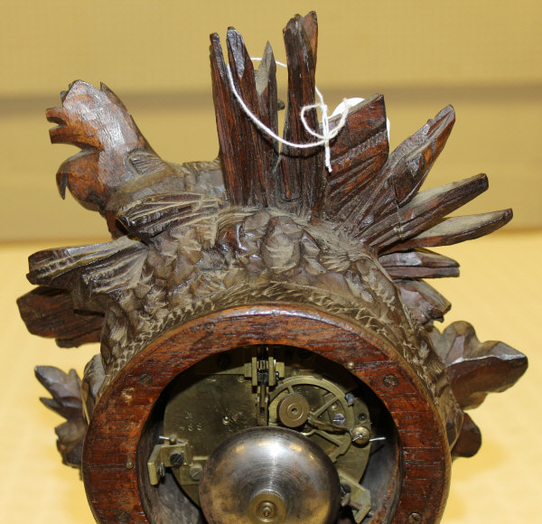 A 19th Century Black Forest type carved cased mantle clock, decorated in high relief with cockerel, - Image 5 of 15