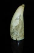 WITHDRAWN A Victorian sperm whale tooth scrimshaw decorated with whaling scene of whale up-ending a