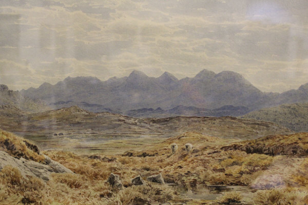 HERBERT MOXON COOK (1844-1920) "Two sheep in a Highland landscape with a pair of buildings to the