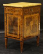 A mid 19th Century Continental cabinet with Sienna marble top above single marquetry inlaid drawer