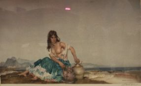 AFTER SIR WILLIAM RUSSELL FLINT (1880-1969) "Sarah", lady in a green dress seated on a beach",