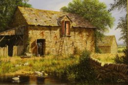 EDWARD HERSEY (b.1948) "The duck pool, with rural buildings in the background"