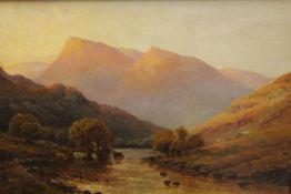 ALFRED DE BREANSKI (1852-1928) "The river at sunset, Highland cattle watering,