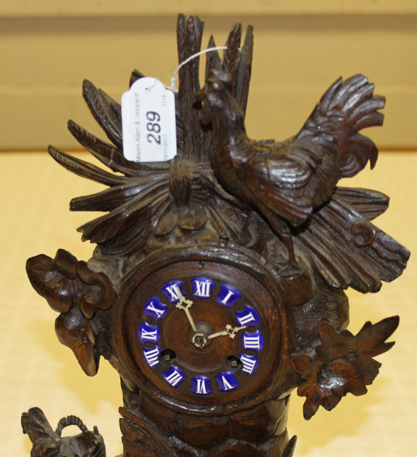 A 19th Century Black Forest type carved cased mantle clock, decorated in high relief with cockerel, - Image 2 of 15