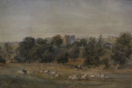 DAVID COX JUNIOR (1809-1885) "A country scene", sheep in field with pony and trap,