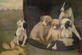 19TH CENTURY NAIVE SCHOOL "Bull terrier pups in a basket", oil on canvas, unsigned, 50 cm x 67.