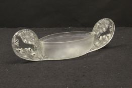 A Lalique frosted and moulded glass table centre vase of oval form with over-sized lug handles,