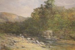 CHARLES BROOKE BRANWHITE (1851-1929) "Figures walking alongside river's edge with rocky hills in