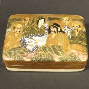 A Japanese Meiji period satsuma ware lidded pin dish of rectangular form, decorated with deities,