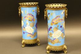 A pair of 19th Century French Creil et Montreau porcelain cylinder vases decorated with butterflies